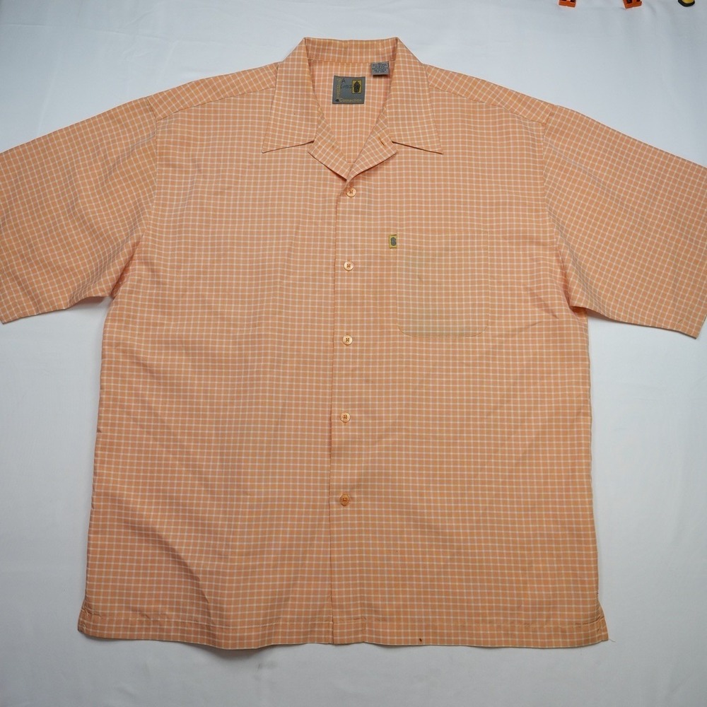 Pineapple Connection Shirt  Button Up Short Sleeve Orange Checked Hawaiian L vtg
